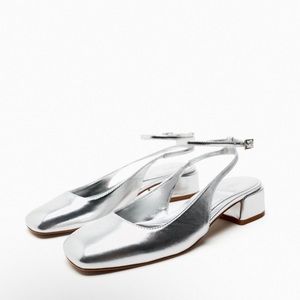 ZARA SILVER BLOCK HEEL ANKLE STRAP SHOES